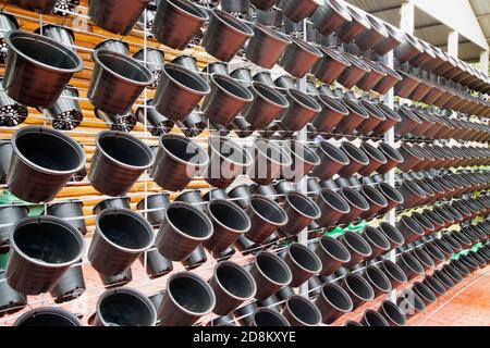 The background of old plant plastic pot hanging on metal fence at garden. Stock Photo
