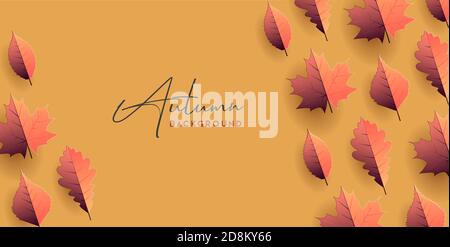 Autumn seasonal background with autumn fall leaves, paper origami leaf illustrations forming texture on orange background Stock Vector