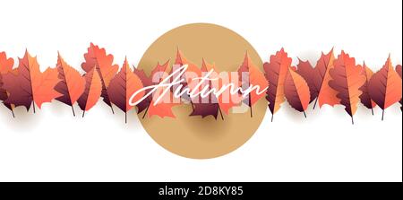 Autumn seasonal graphic element with autumn leaves illustration forming straight line of leaves on white backdrop with circle sun behind for copy Stock Vector