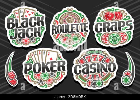 Vector set of Gambling Logos, 7 isolated badges with illustration of gamble symbols, collection of decorative sign boards with retro design flourishes Stock Vector