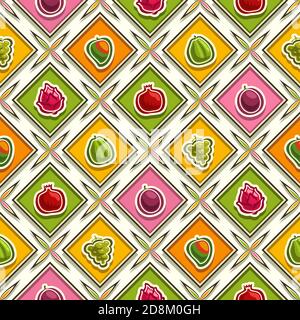 Vector Fruit Seamless Pattern, square repeating fruit background, isolated illustrations of summer fruits on white background, diamond seamless patter Stock Vector