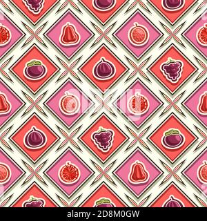 Vector Fruit Seamless Pattern, square repeating fruit background, isolated illustrations of summer fruits on white background, rhombus seamless patter Stock Vector