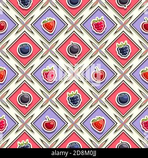 Vector Berry Seamless Pattern, square repeating berry background, isolated illustrations of exotic berries on white background, diamond seamless patte Stock Vector