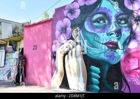 Mexico City, Mexico. 30th Oct, 2020. MEXICO CITY, MEXICO - OCTOBER 30: A man seen next to a graffiti who represent Mexico's Day of the Dead traditions to commemorate the victims who lost their lives by the Covid-19 disease on October 30, 2020 in Mexico City, Mexico. Credit: Carlos Tischler/Eyepix Group/The Photo Access Credit: The Photo Access/Alamy Live News Stock Photo