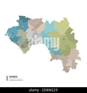 Guinea higt detailed map with subdivisions. Administrative map of Guinea with districts and cities name, colored by states and administrative district Stock Vector