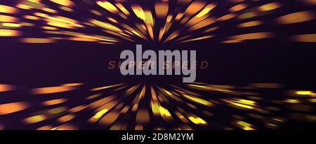 Abstract background of golden lights moving to the center on light speed and forming illuminated textured surface in the dark space Stock Vector