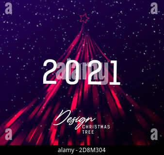 Happy new year 2021 card or banner with stylized christmas tree in red festive color made of sparklung lights moving on high speed Stock Vector