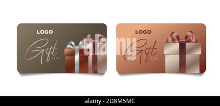 Set of gift vouchers with realistic gift box illustrations wraped in glossy metal paper with money award in dollars, promo discount Stock Vector