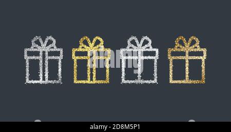 Set of gift boxes illustration, linear graphic box with texture of glittering glowing golden and silver particles, shimmering on dark backdrop Stock Vector