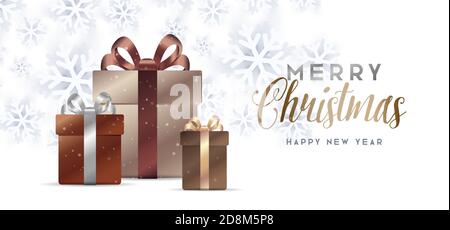 Merry Christmas and happy new year greeting card with white snowflakes and luxury gift boxes illustration, callighraphy congratulation Stock Vector