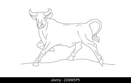 Linear illustration of ox in beautiful pose, line hand drawn graphic sketch, year of ox graphic black line Stock Vector