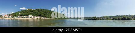 The confluence of the Danube, the Inn and the Ilz seen from the eastern tip of the historic city of Passau Stock Photo