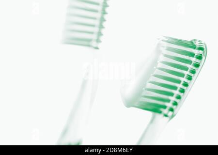 Two green plastic toothbrushes with toothpaste on white art background. Stock Photo
