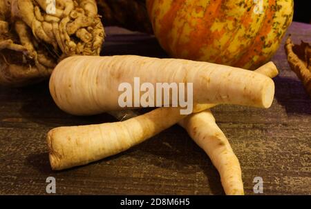 Closeup of raw fresh parsley roots with pumpkin and celery on wood table Stock Photo