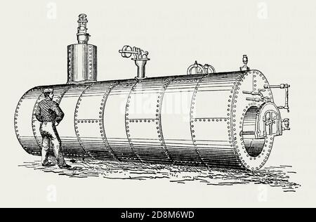 An old engraving of a John Smeaton Cornish boiler used in mining in the 1800s. It is from a Victorian mechanical engineering book of the 1880s. The simplest form of flued boiler was Richard Trevithick's ‘high-pressure’ Cornish boiler. This is a long horizontal cylinder with a single large flue containing the fire. Cornish boilers had curved surfaces, better to resist the pressure and less likelihood of local overheating. John Smeaton (1724 –1792) was an English civil engineer. He also improved Thomas Newcomen's atmospheric engine, erecting one at Chacewater mine, Wheal Busy, Cornwall, England, Stock Photo
