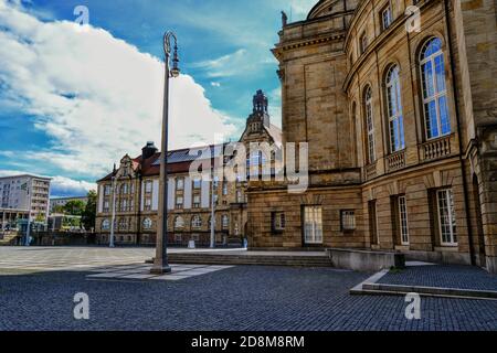 Art square of Chemnitz. Germany. 10.11.2011. Opera building near St. Peter's Church and details of historical building. Stock Photo