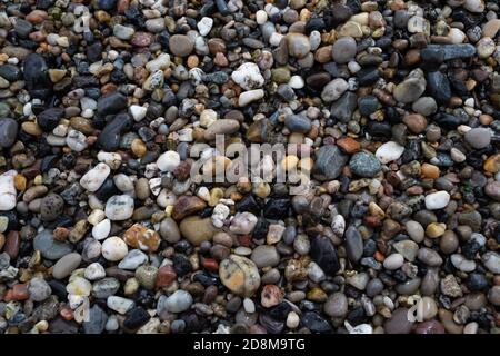Wet colorful pebbles on the sea beach close up, background texture Stock Photo