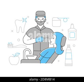 A dentist treats a woman's teeth. The concept of dental care. Linear vector illustration Stock Vector
