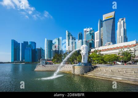 February 6, 2020: merlion and sands at merlion park in marina bay of singapore.  Merlion is the national symbol of Singapore  depicted as a mythical c