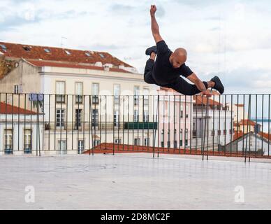 Male breakdancer airborne Stock Photo