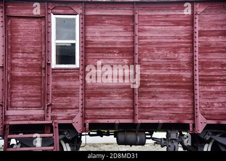 Old railway freight wooden wagon in railway museum. Stock Photo