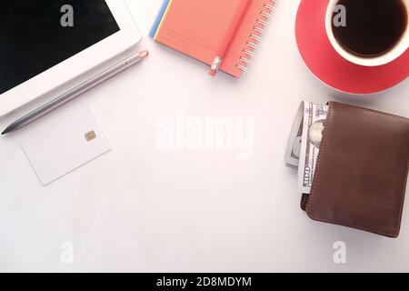 top view of wallet , cash and credit card on table  Stock Photo