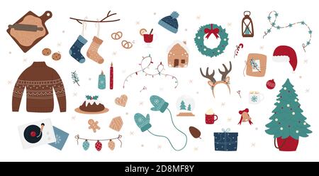 Christmas decoration vector illustration set, hand drawn style. Festive cute decorated Christmas tree, warm mittens, traditional floral wreath, decor items for cozy winter holiday season at home Stock Vector