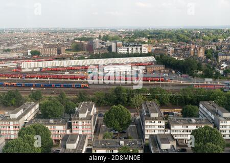 An aerial view of Clapham Junction railway station in London. One of