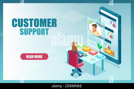 Customer call center support concept. Vector of a help service employee a woman assisting a businessman online Stock Vector