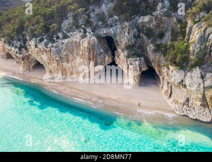 Aerial view of the amazing beach and caves of Cala Luna, Orosei gulf, Nuoro district, Ogliastra, Sardinia, Italy. Stock Photo