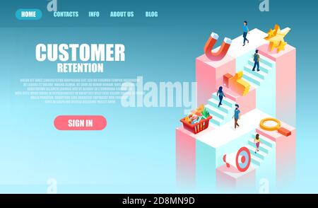 Customer retention concept. Vector of buyers and advertising of a product process, user journey in marketing Stock Vector