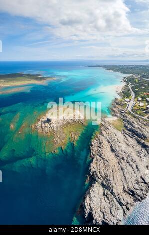 Aerial view of Stintino with La Pelosa and la Pelosetta beach and Capo Falcone. Stintino, Asinara Gulf, Sassari, Sardinia, Italy. Stock Photo