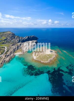 Aerial view of Stintino with La Pelosa and la Pelosetta beach and Capo Falcone. Stintino, Asinara Gulf, Sassari, Sardinia, Italy. Stock Photo