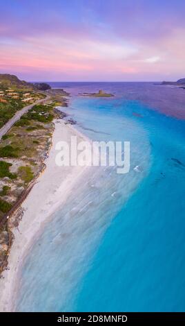 Aerial view of Stintino with La Pelosa and la Pelosetta beach and Capo Falcone. Stintino, Asinara Gulf, Sassari, Sardinia, Italy. Stock Photo