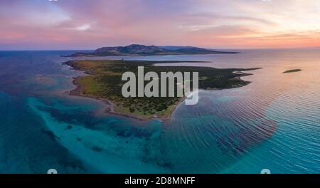 Aerial view of Isola Piana and Asinara Gulf, Stintino, Asinara Gulf, Sassari district, Sardinia, Italy. Stock Photo