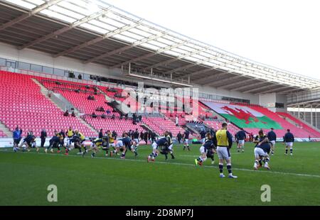 Scotland players warming up before the Guinness Six Nations match at Parc y Scarlets, Llanelli. Stock Photo