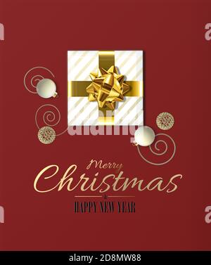 Christmas beautiful card with Xmas gift boxes, golden realistic balls on red background. Golden text Merry Christmas Happy New Year. 3D illustration. Stock Photo