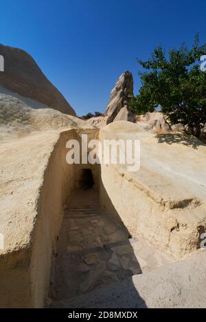 Underground passage leading to the Apple church in Goreme Open Air Museum, Cappadocia, Turkey Stock Photo