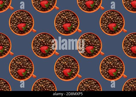 Cup with freshly roasted coffee beans with strawberries. Seamless pattern.