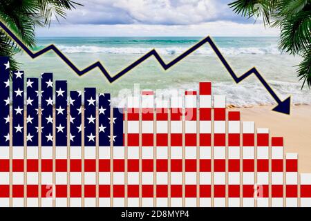 COVID-19 coronavirus pandemic impact on US tourism industry concept showing beach background with American flag on bar charts declining trend. Stock Photo