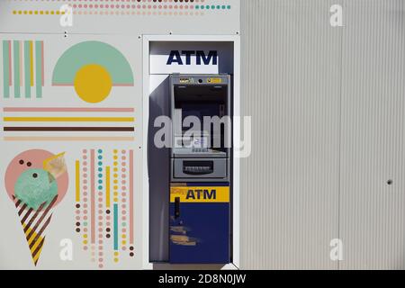 Milan , Italy A June 3, 2019 : ATM cash machine ready to be used without people Stock Photo