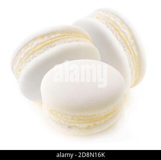 Three white macaroons (vanilla or coconut) isolated on white background Stock Photo