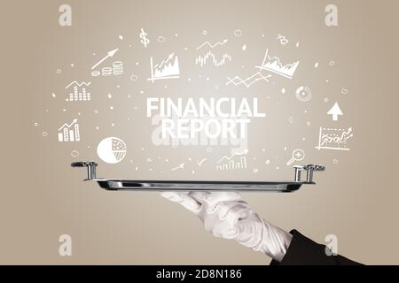 Waiter serving business idea concept with FINANCIAL REPORT inscription Stock Photo