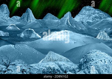 A fantasy vision of a mysterious frozen world with its own northern lights. Stock Photo