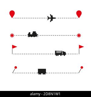 Cargo transportation icon set and route template. Various map markers. Airplane, container ship, wagon, railway car silhouette icons. illustration. Stock Photo