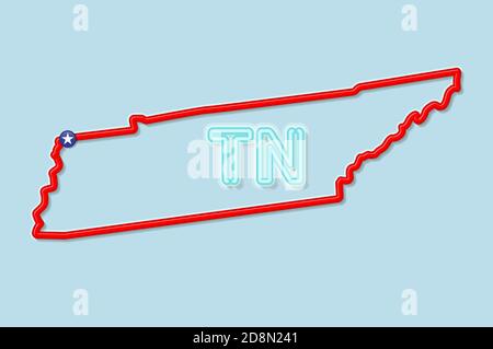 Tennessee US state bold outline map. Glossy red border with soft shadow. Two letter state abbreviation. illustration. Stock Photo