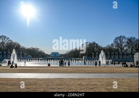 World War II Memorial in Washington DC. The memorial consists of 56 granite pillars and a freedom wall with 4048 gold stars. Stock Photo