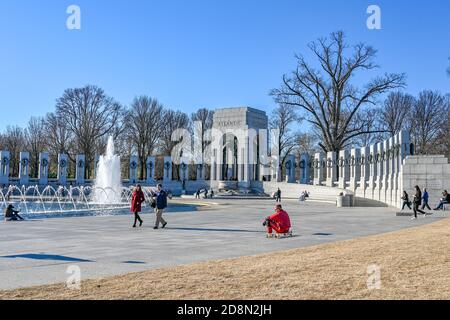 World War II Memorial in Washington DC. The memorial consists of 56 granite pillars and a freedom wall with 4048 gold stars. Stock Photo