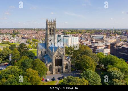 Doncaster St Georges Minster drone photograph of large church showing surrounding town centre area of Doncaster South Yorkshire on a sunny day Stock Photo