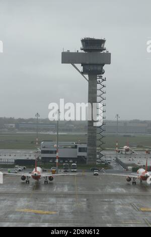 10/31/2020, Schönefeld, Germany, BER Tower at the arrival of the first two flights from easyJet and Lufthansa to the new Berlin Brandenburg Willy Brandt Airport in Schönefeld. on  October 31th. Stock Photo